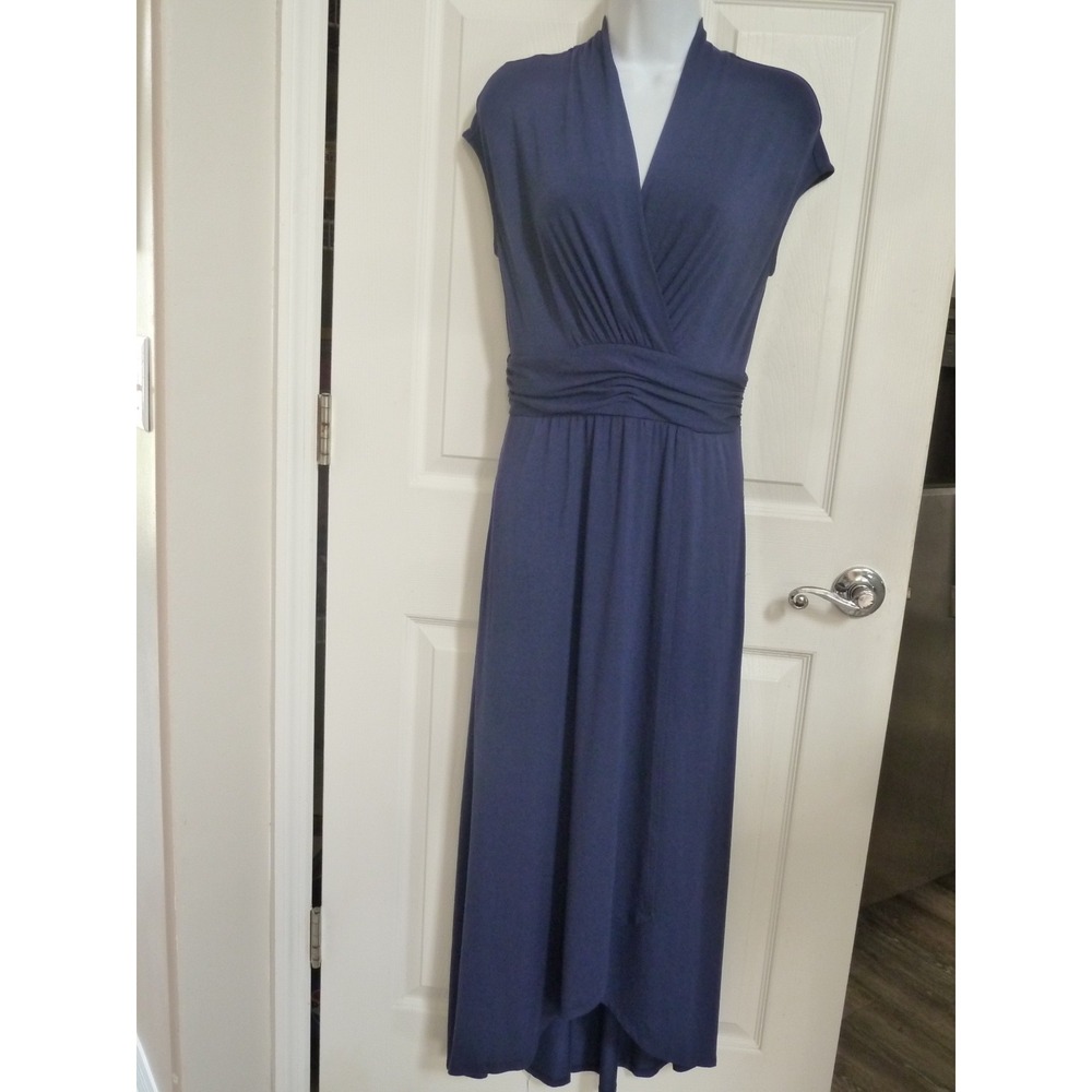 Soma Women Blue Twist Front Cap Sleeve Maxi Dress Asymmetrical Hem Pockets Small